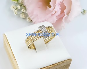 Złoty, nowy pierścionek z kuleczkami i cyrkoniami