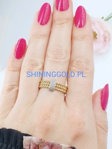 Złoty, nowy pierścionek z kuleczkami i cyrkoniami