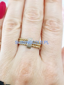 Złoty, nowy pierścionek z kuleczkami i cyrkoniami