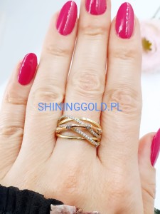 Złoty, nowy pierścionek dwukolorowy przeplatany