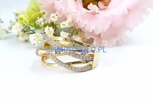 Złoty, nowy pierścionek dwukolorowy przeplatany