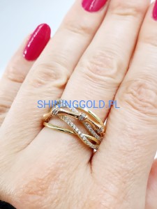 Złoty, nowy pierścionek dwukolorowy przeplatany