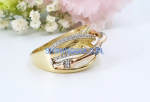 Złoty, nowy pierścionek dwukolorowy przeplatany