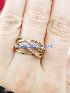 Złoty, nowy pierścionek dwukolorowy przeplatany