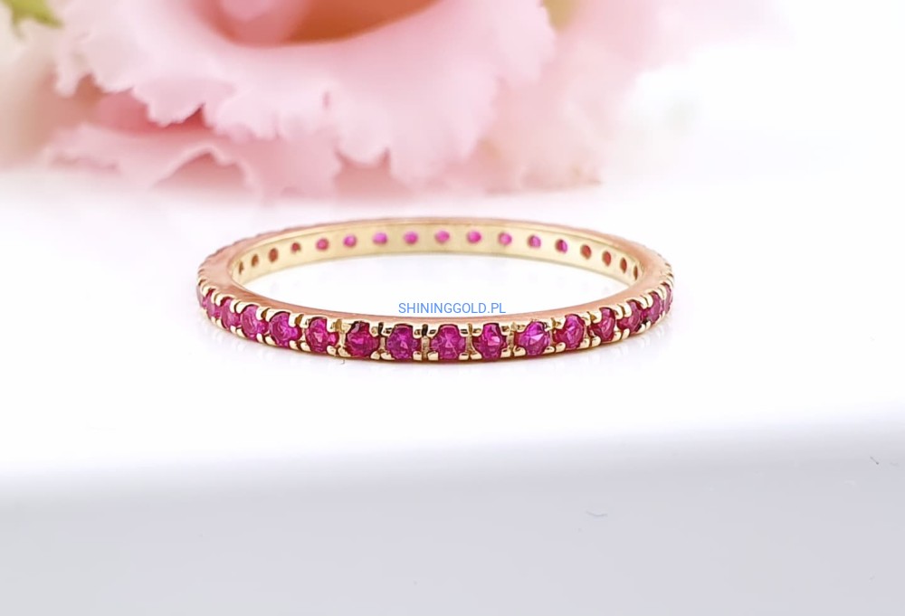 Złoty, nowy pierścionek/obrączka z różowymi cyrkoniami (063.WS)