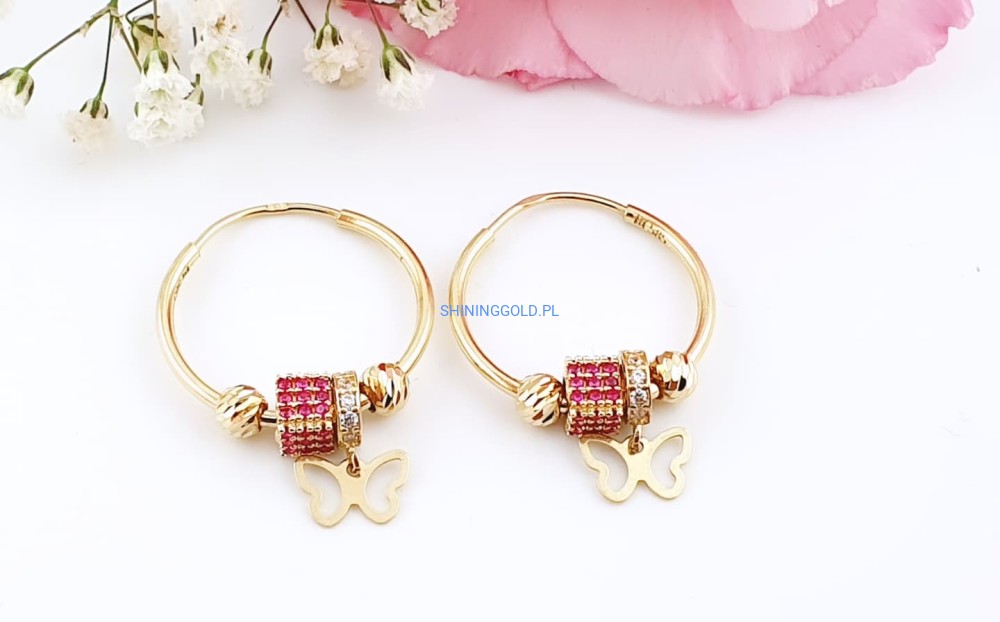 Złote, nowe kolczyki koła z zawieszkami (7047WS)