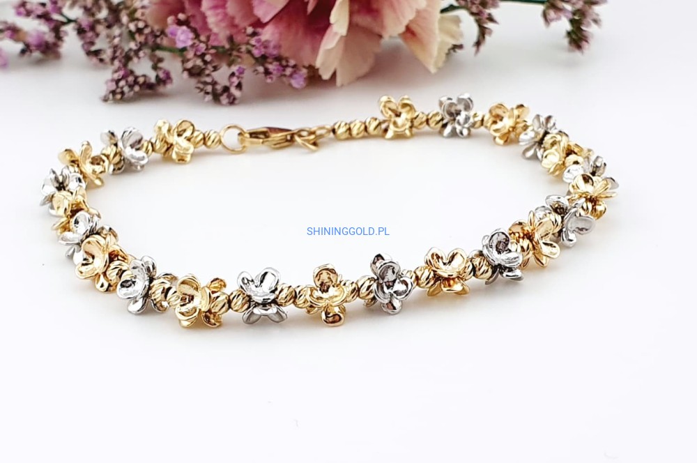 Złota, nowa Bransoletka z Dwukolorowymi Kwiatuszkami (979.WS)