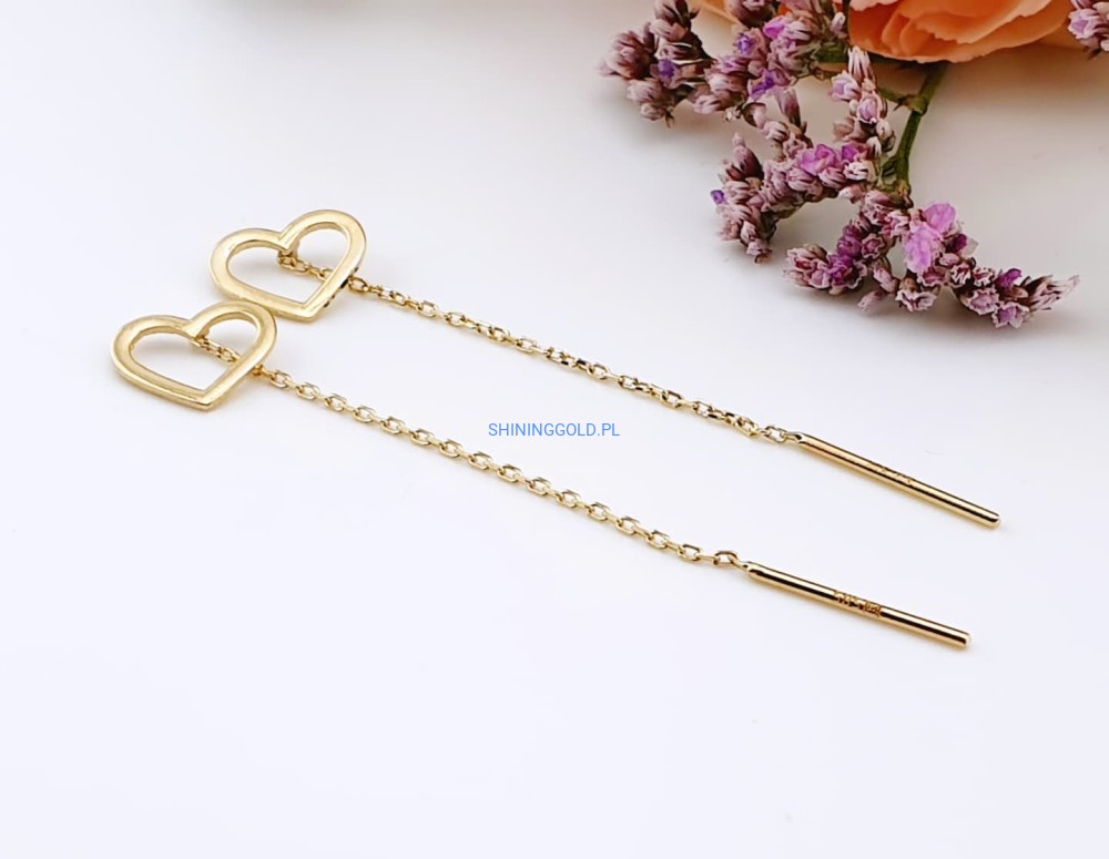 Złote kolczyki przeciągane z sercem 585, długość 60 mm, waga 1,01 g (7069WS)