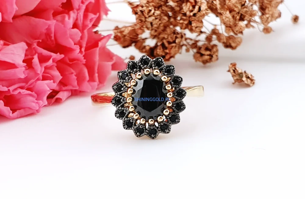 Złoty, nowy pierścionek z czarnymi cyrkoniami (018A)