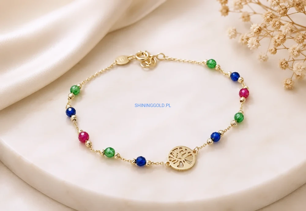 Złota bransoletka z kolorowymi koralikami i drzewkiem szczęścia (402A)