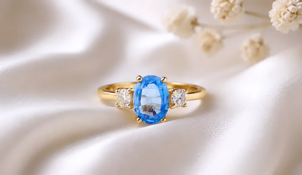 Pierścionek z topazem Swiss Blue i naturalnymi diamentami (1061WS)