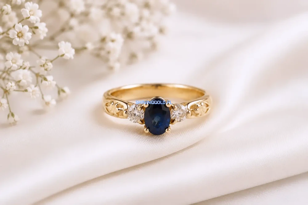 Pierścionek z naturalnym szafirem i diamentami (1001WS)